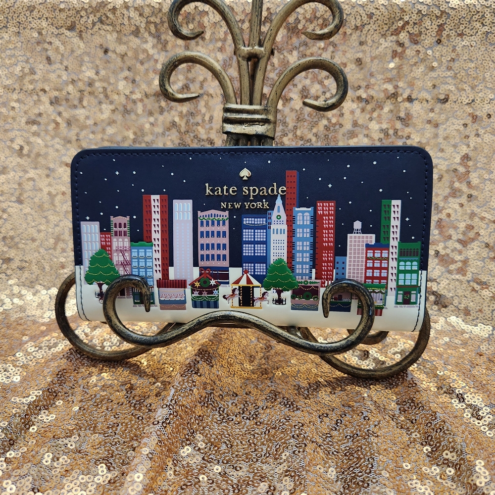 Kate Spade Blue Multicolor Winter Wonders City Scene Wallet
